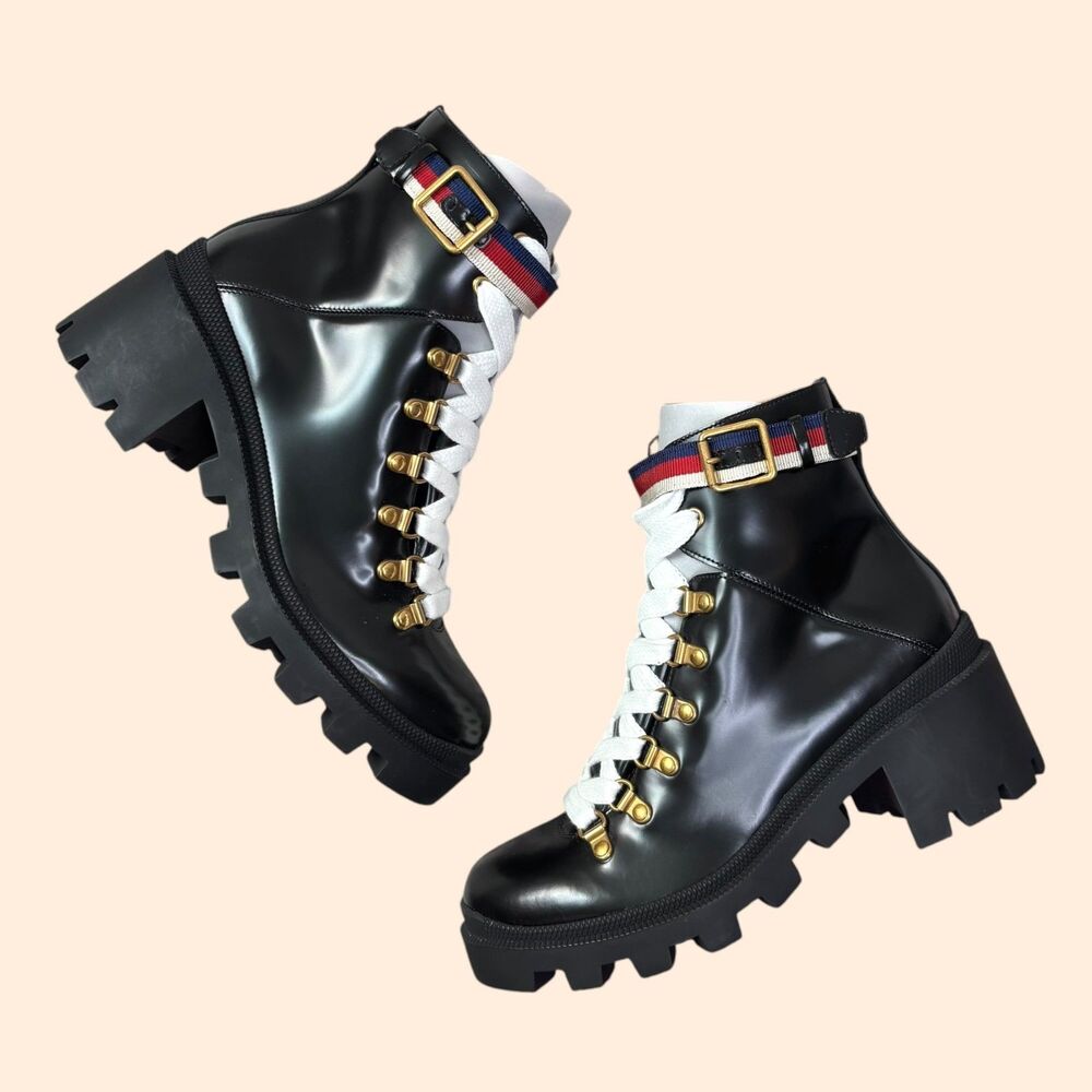 Gucci Sylvie Web Leather Moto Boots